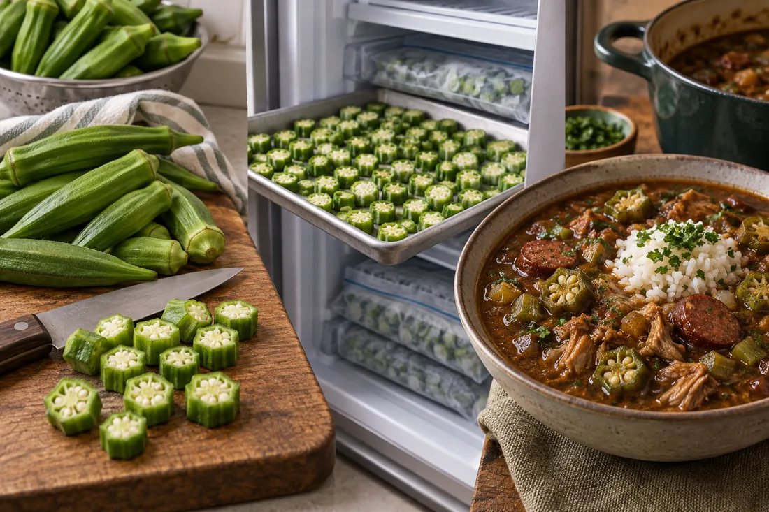 gumbo preparation sequence: tender pods, cut pieces, loose freezing and a finished bowl.