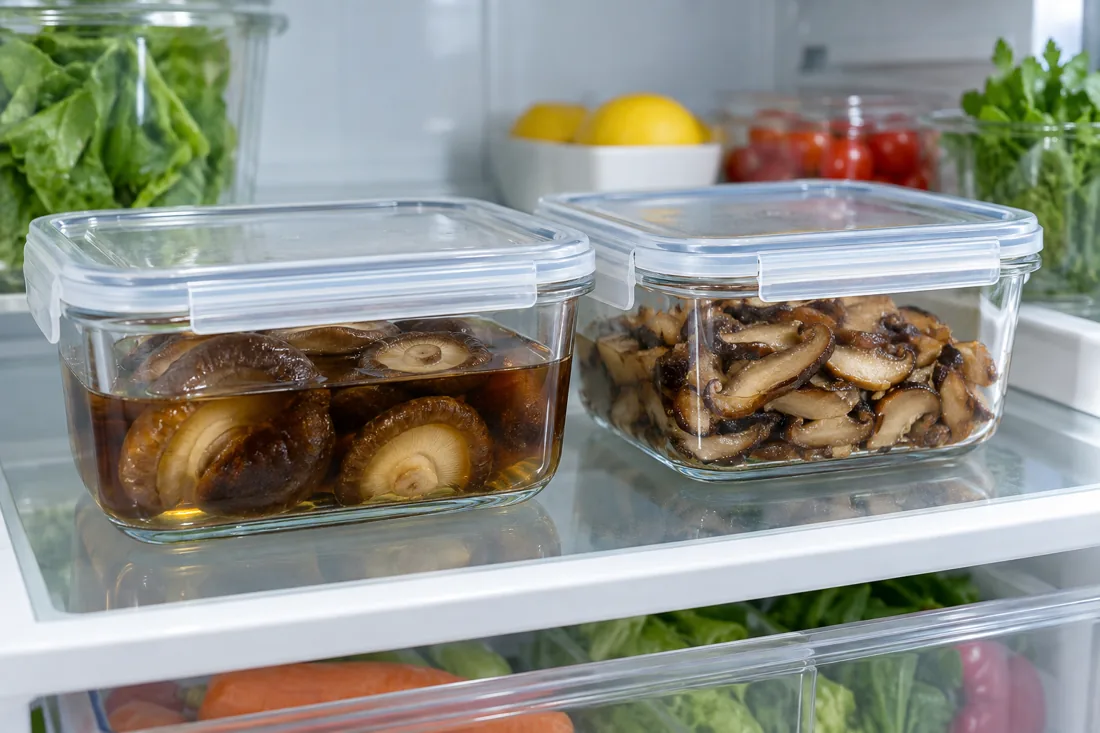 refrigerator containers holding soaked and cooked shiitake