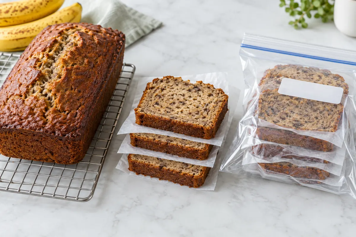 A cooled banana bread loaf, parchment-separated slices and freezer-packed portions