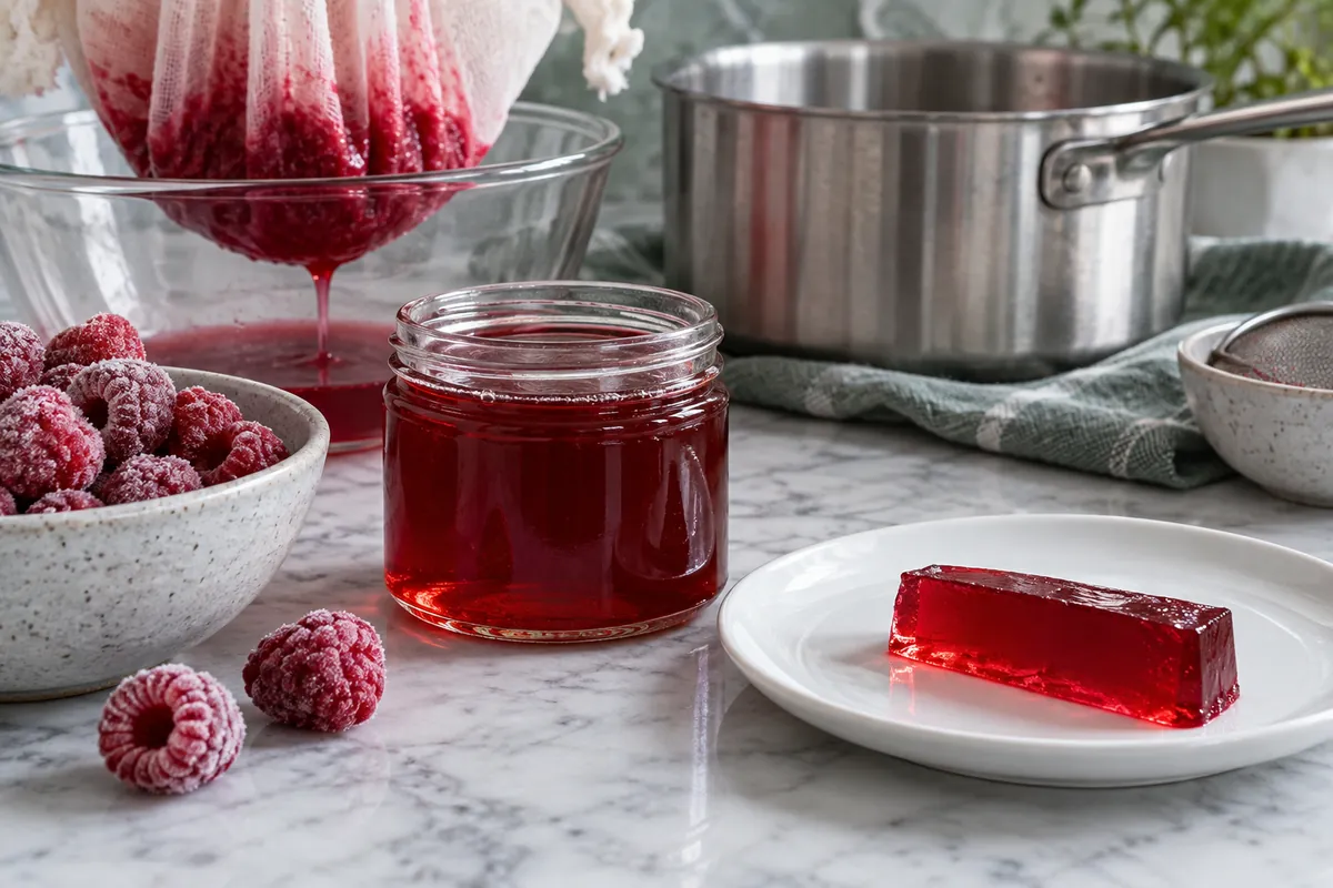 Clear raspberry jelly with an extraction bag and frozen fruit - GreenLand-food guide Clear raspberry jelly with an extraction bag and frozen fruit