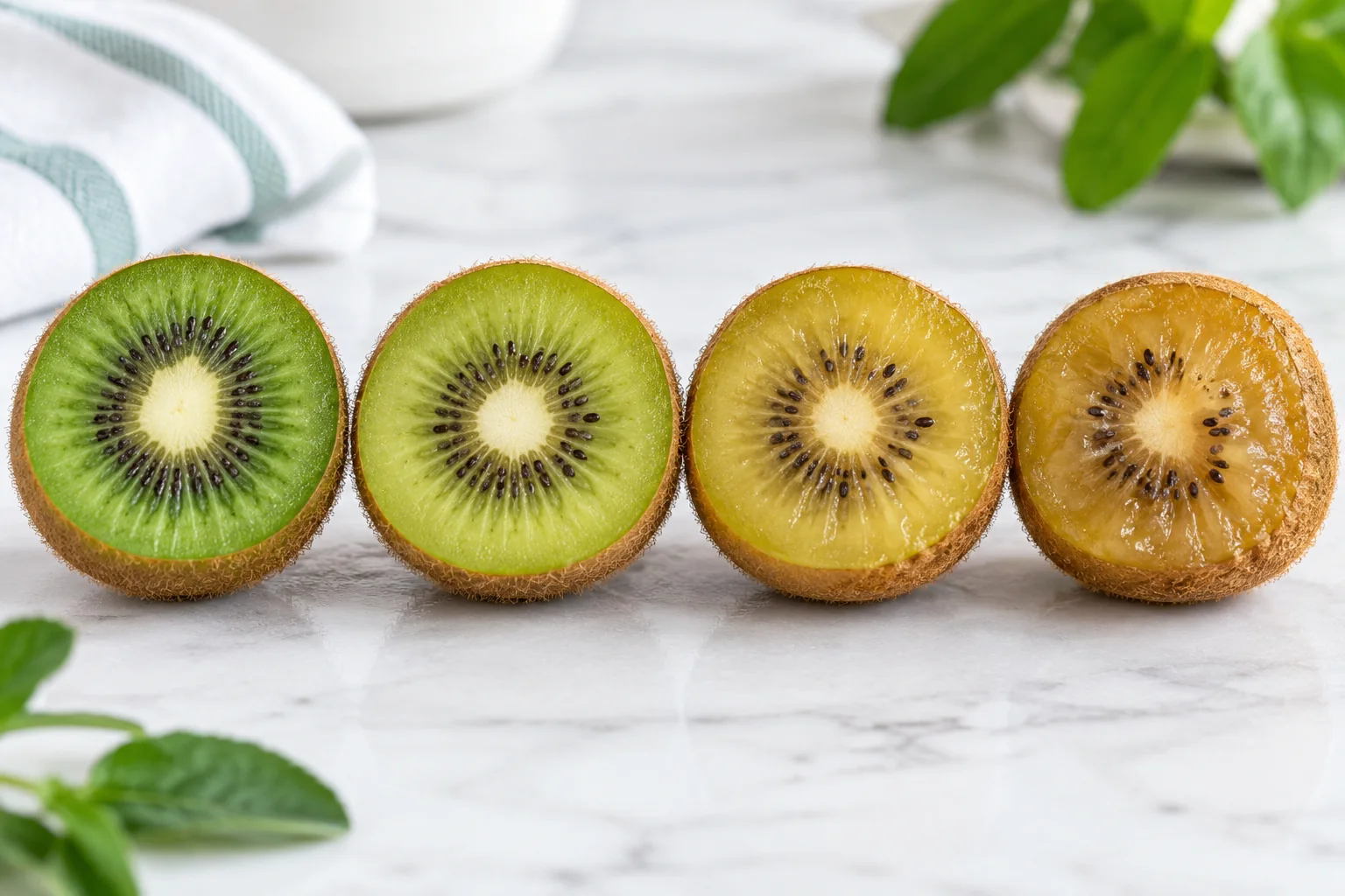Four cut kiwifruit at different ripeness stages with accurate flesh color, seed pattern and firmness cues, photographed on a clean white bench with no labels