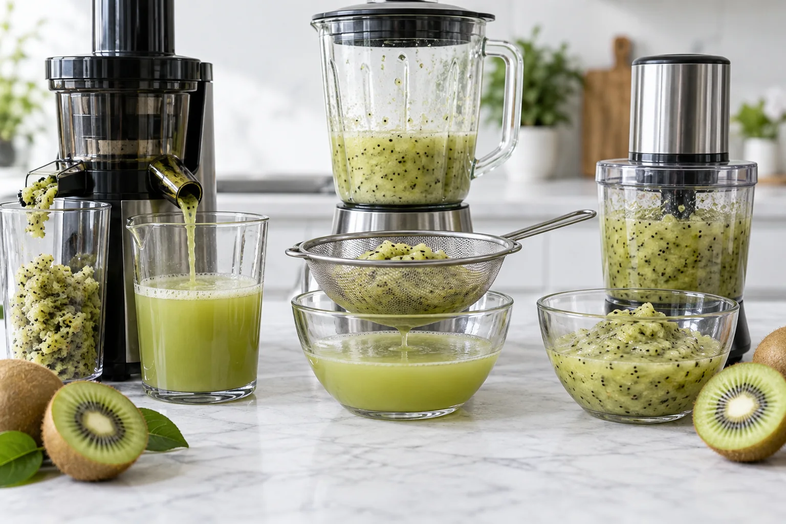 Three parallel kiwi-processing setups: slow juicer, blender with fine-mesh strainer, and rotor-stator style puree cup, each producing visibly different pulp levels without text