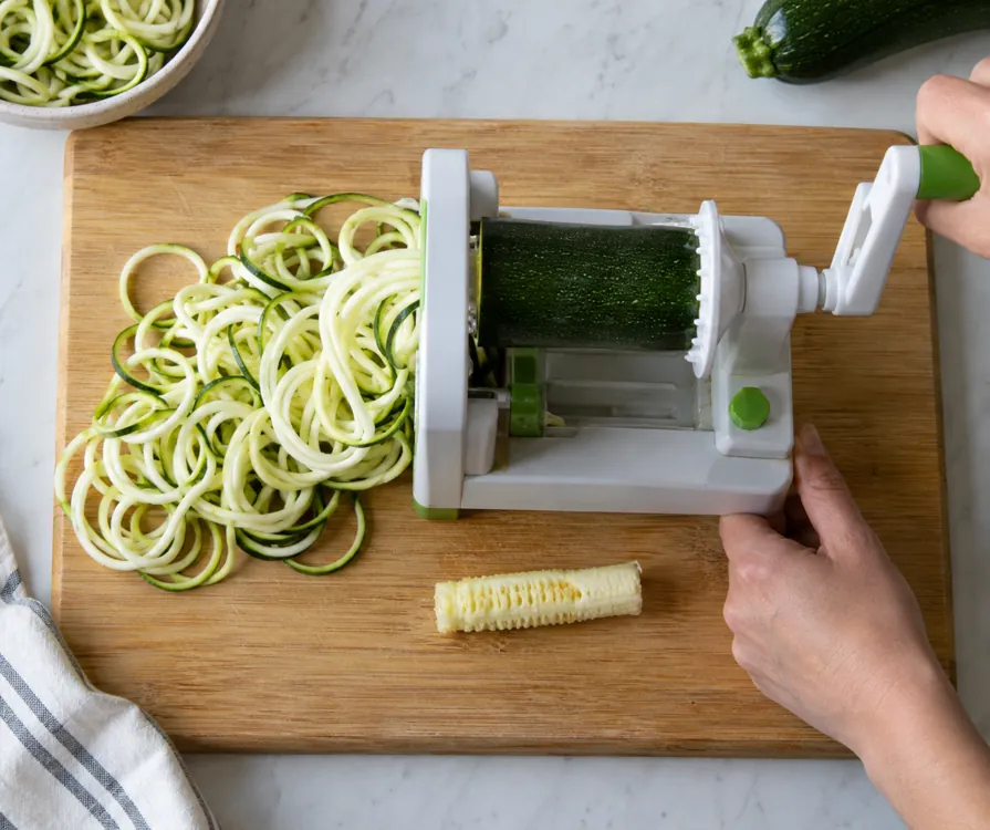 A spiralizer cutting fresh zucchini into long strands