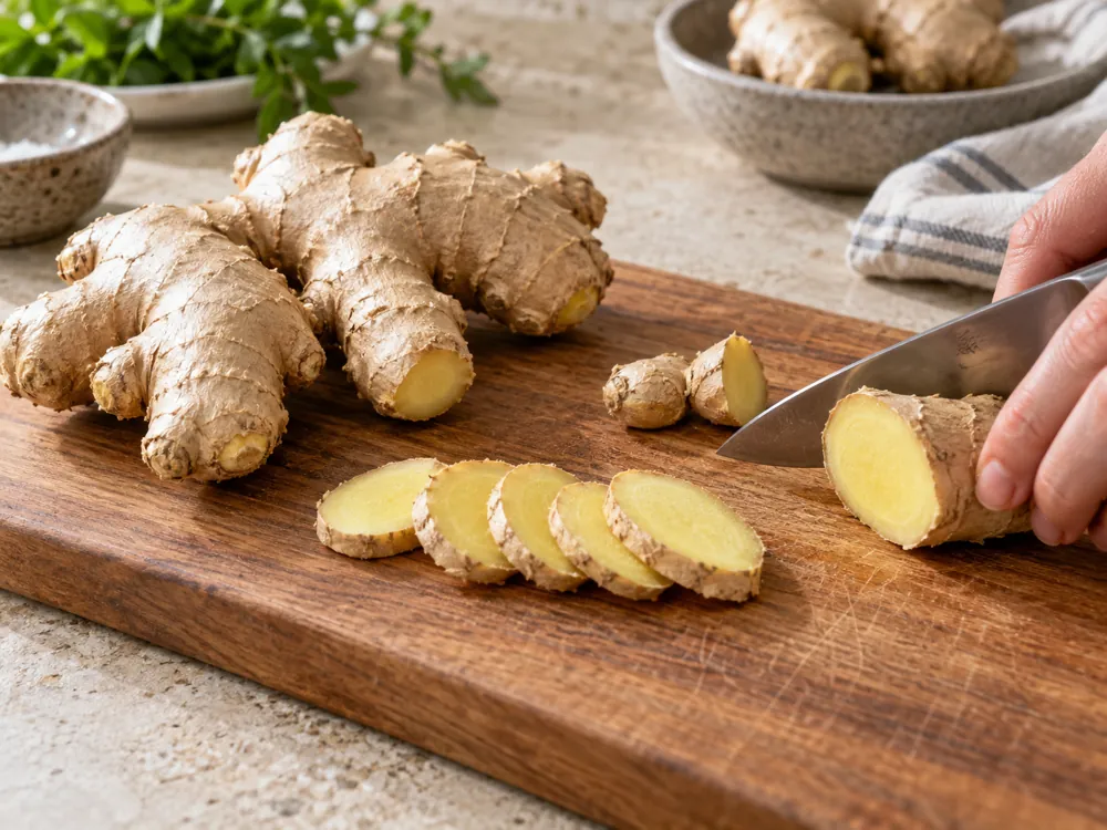 Sound ginger rhizomes sliced on a clean board
