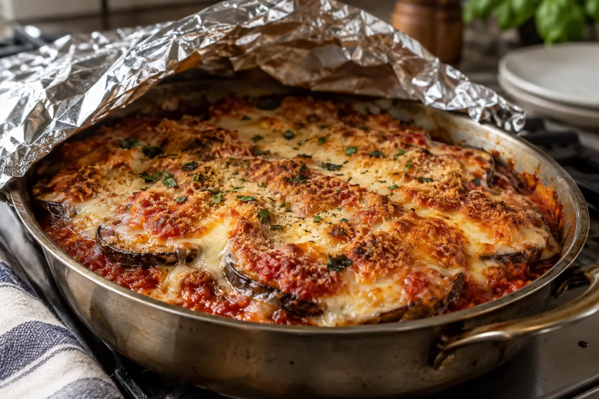 Reheated eggplant Parmesan with foil folded back