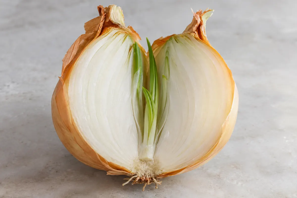 Yellow onion cut open around a green central sprout
