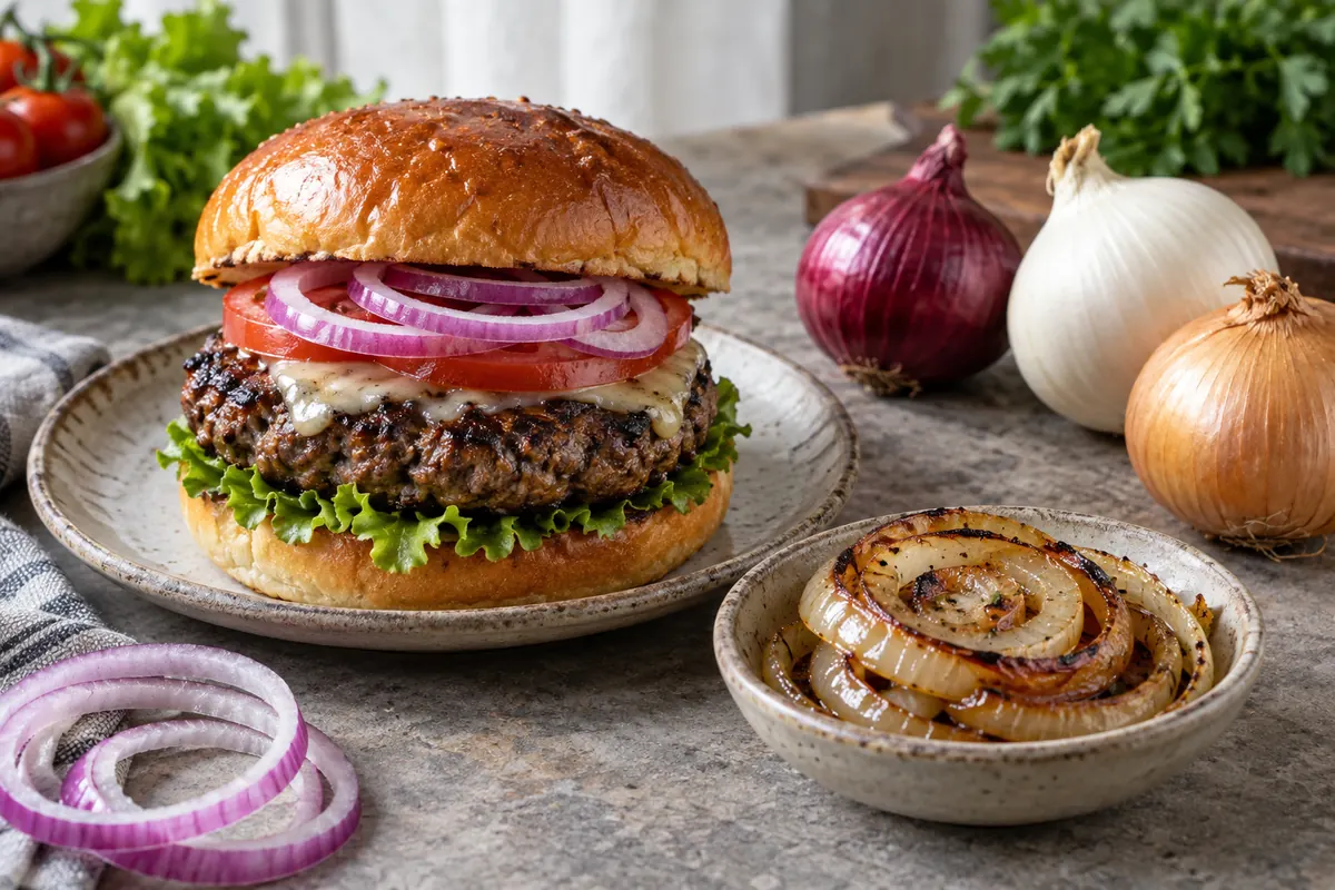 Burger with raw red onion and browned yellow onion beside whole onion varieties Burger with raw red onion and browned yellow onion beside whole onion varieties