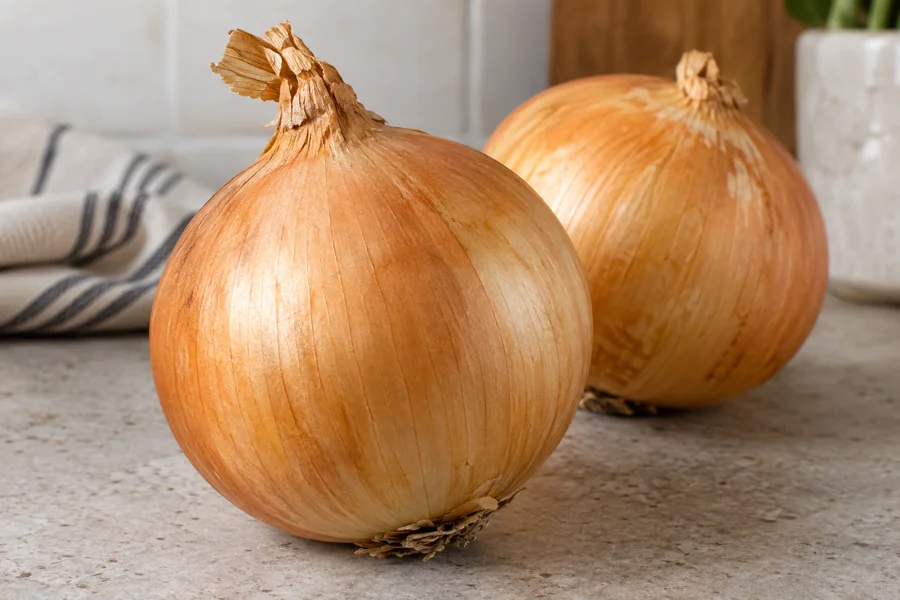 Firm uncut dry yellow onion with intact papery outer skin and closed neck
