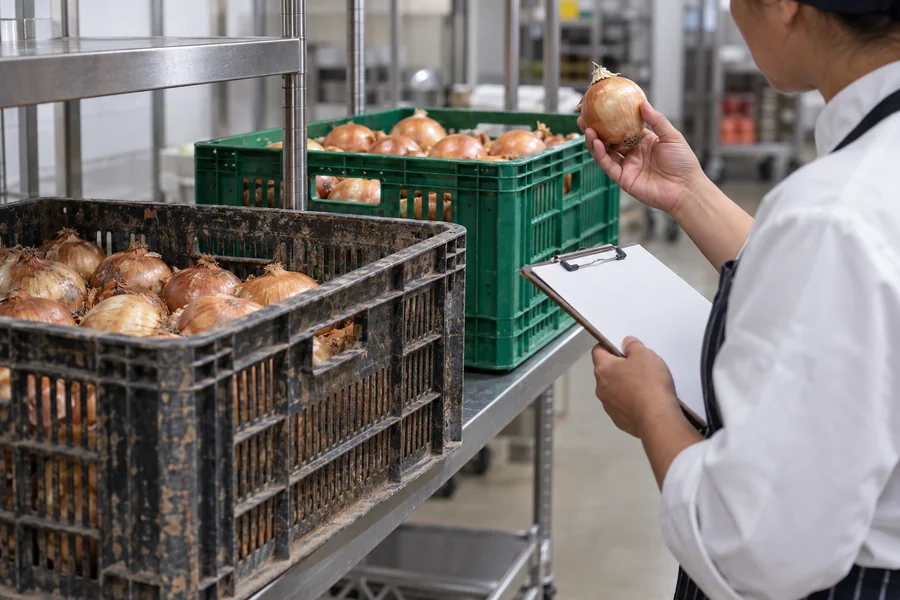 Kitchen buyer checks whole onions in separate ventilated receiving crates