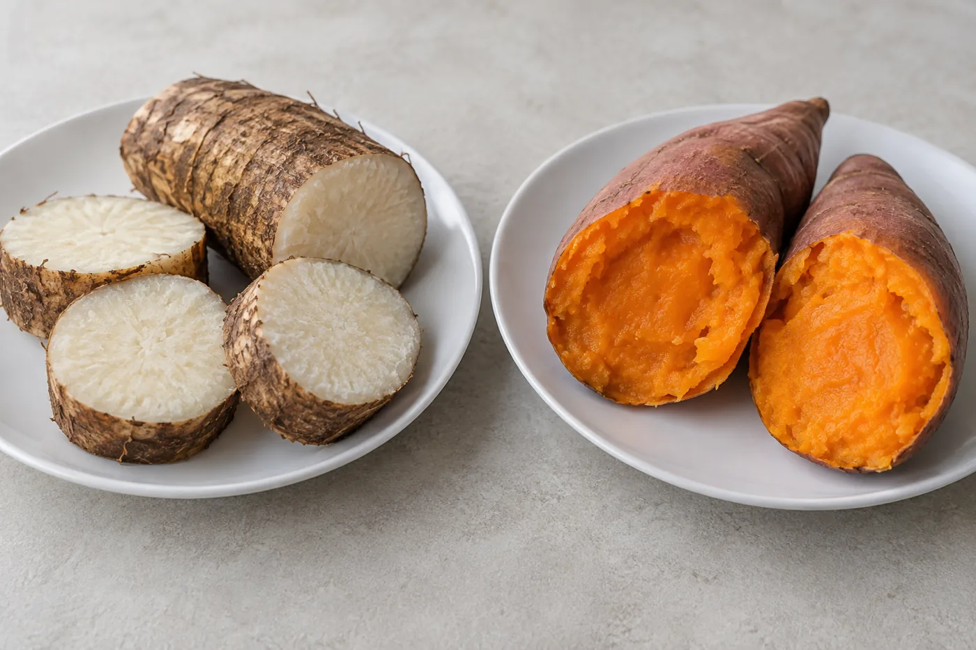 Plain steamed yam and orange sweet potato side by side