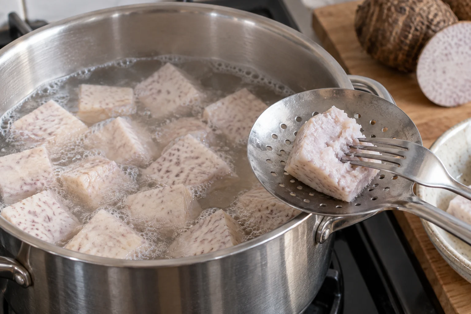 Taro cubes simmering until tender through the center