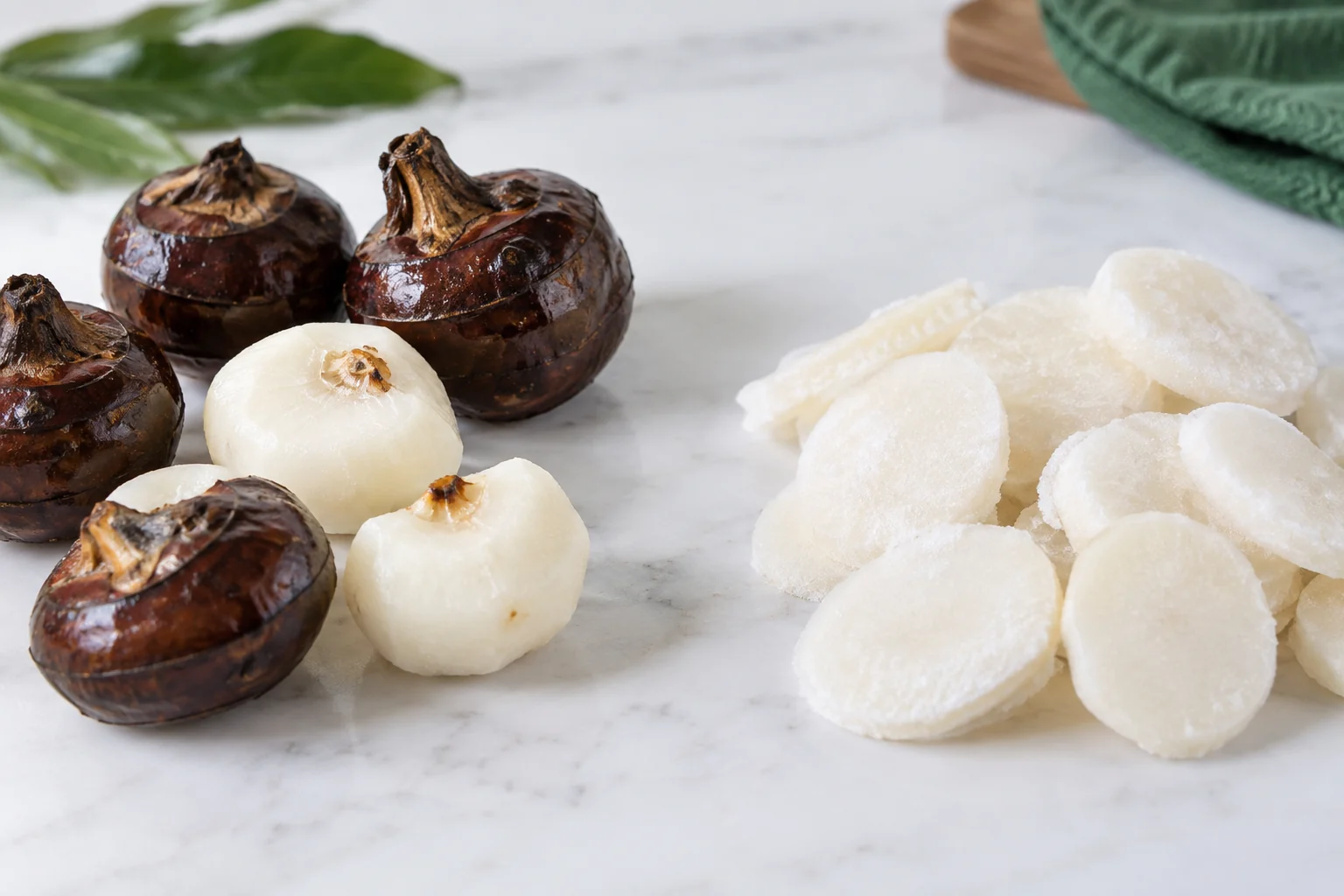 Fresh Chinese water chestnut corms beside peeled frozen slices Fresh Chinese water chestnut corms beside peeled frozen slices