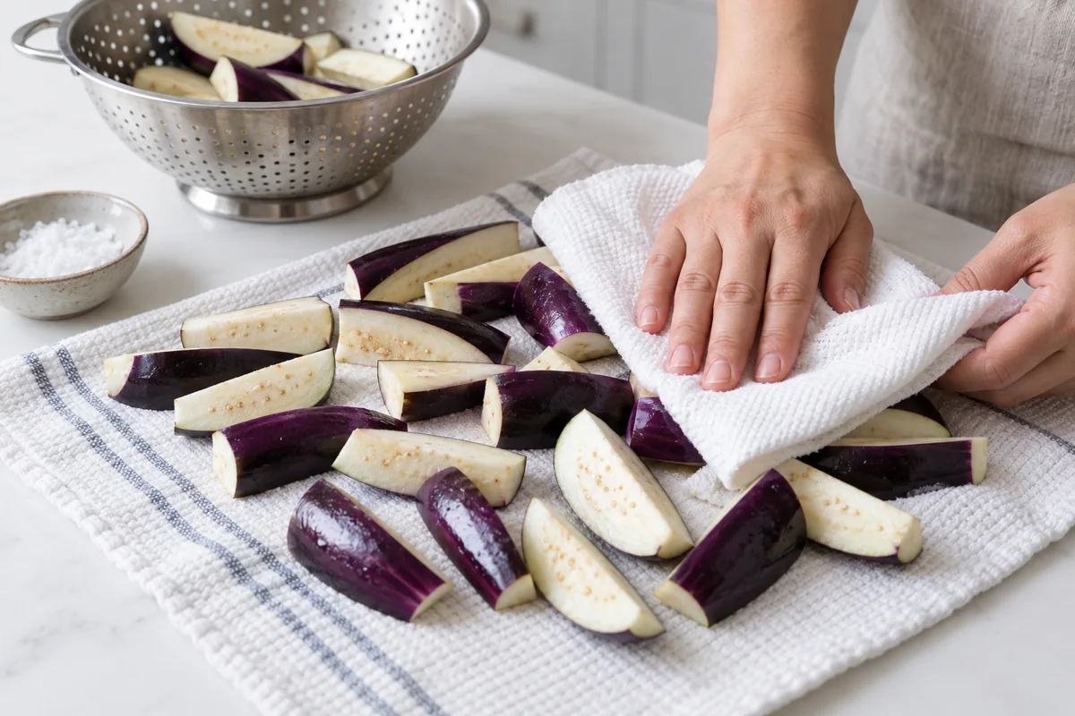 Cut eggplant wedges being blotted dry before cooking
