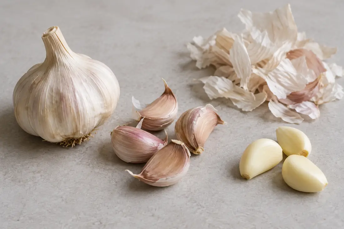 Garlic bulb, individually skinned cloves, loose peels and peeled cloves