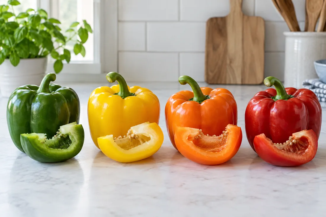 Green yellow orange and red bell peppers with matching cut sections