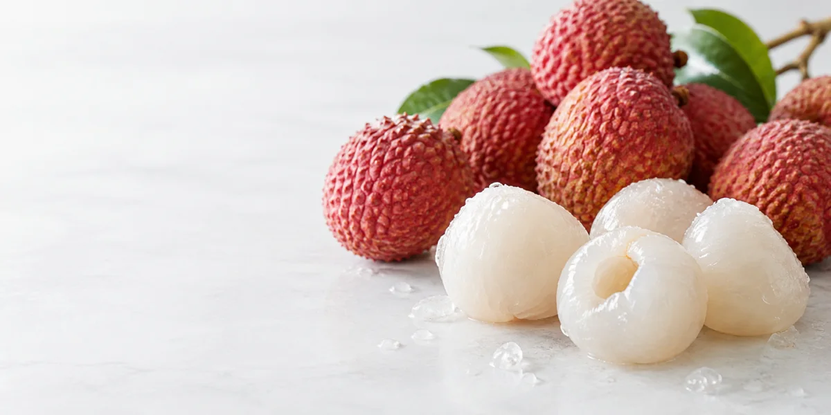 Fresh red lychees and peeled pitted frozen lychee arils