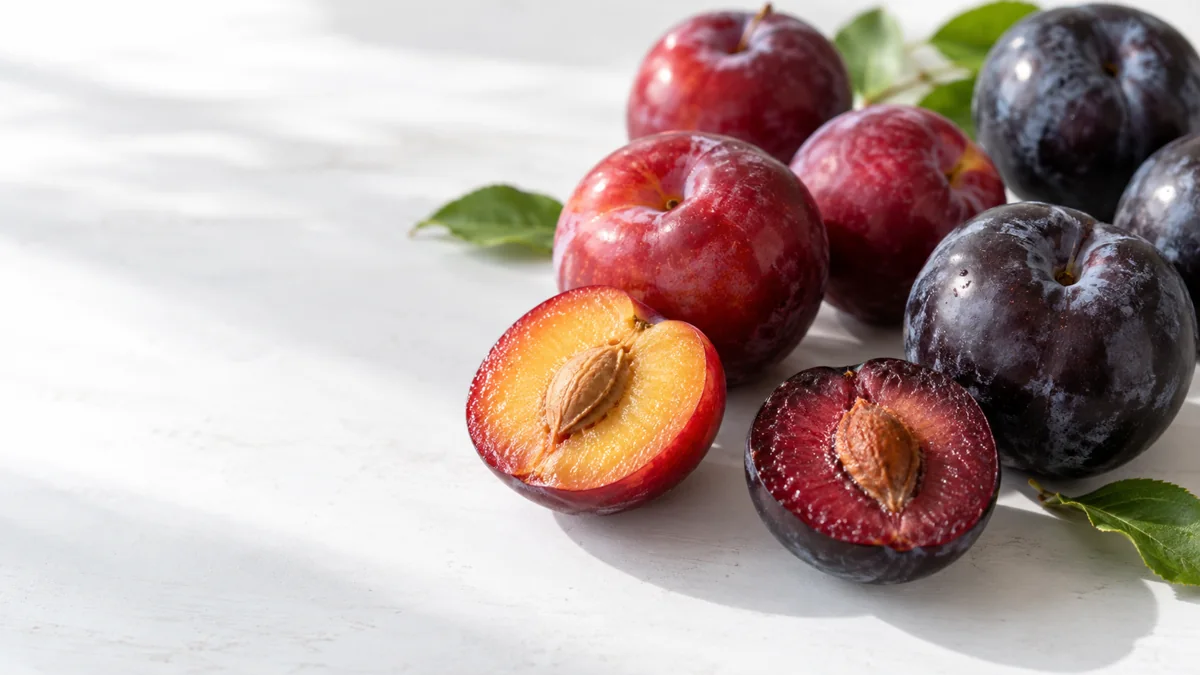 Ripe red and dark plums with cut flesh Ripe red and dark plums with cut flesh