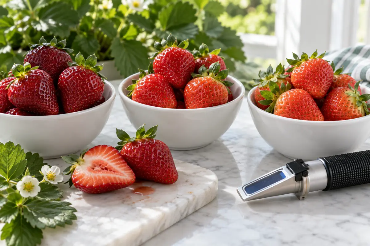 Ripe strawberries with different flavor traits.