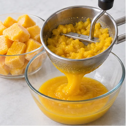 Frozen mango pieces blended and screened into puree