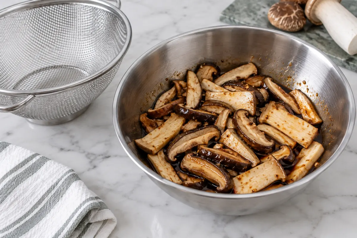 Cultivated mushroom slices coated with a thin savory marinade